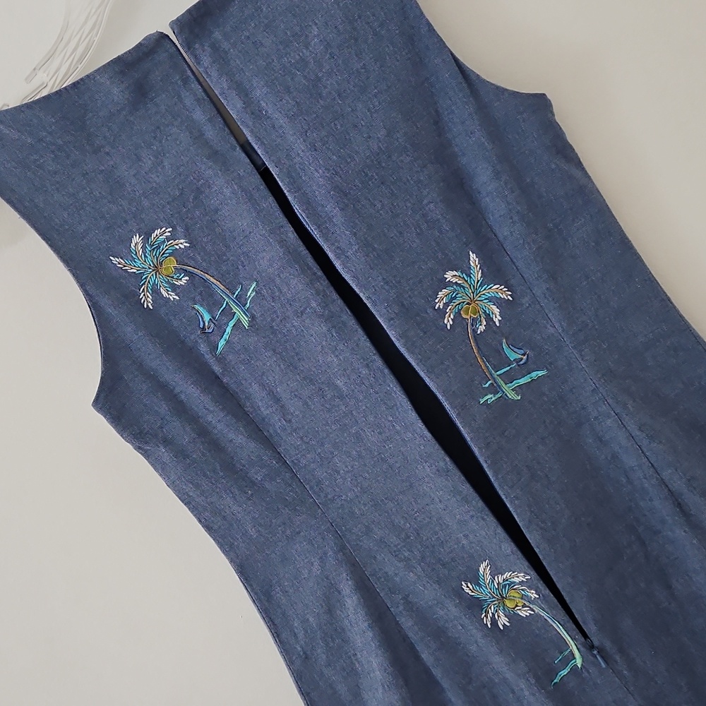 Kenji Sleeveless Chambray Midi Dress With Embroidered Palm Trees Size 6 - Picture 8 of 15